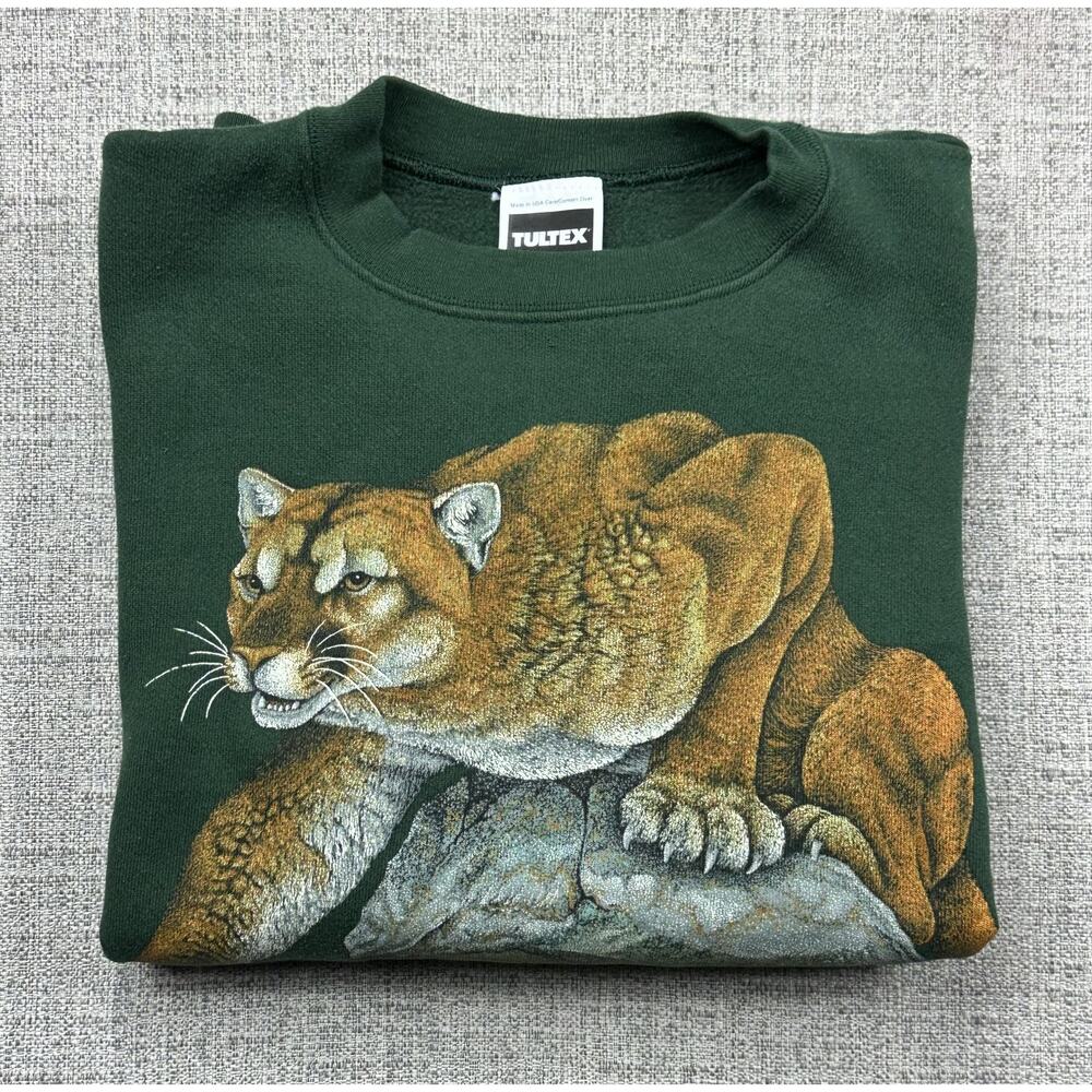 Vintage Cougar Wildlife Sweatshirt Adult XL Green Tultex Pullover Made USA 90s - Picture 14 of 14
